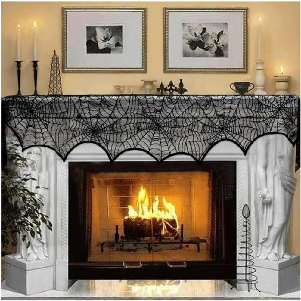 AerWo Halloween Decoration‎ Black Lace Spiderweb Fireplace Mantle Scarf Cover